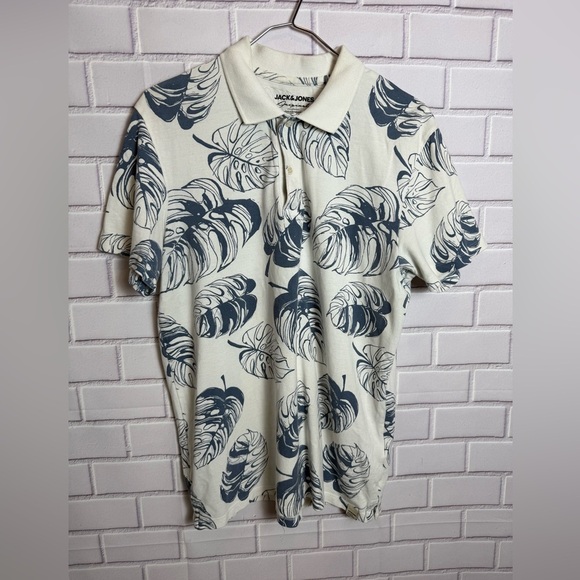 Jack & Jones Cream and Blue  Polo Shirt with Tropical Leaf Design/size M - Picture 9 of 10